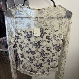 Free People Sheer Cream and Purple Floral Blouse